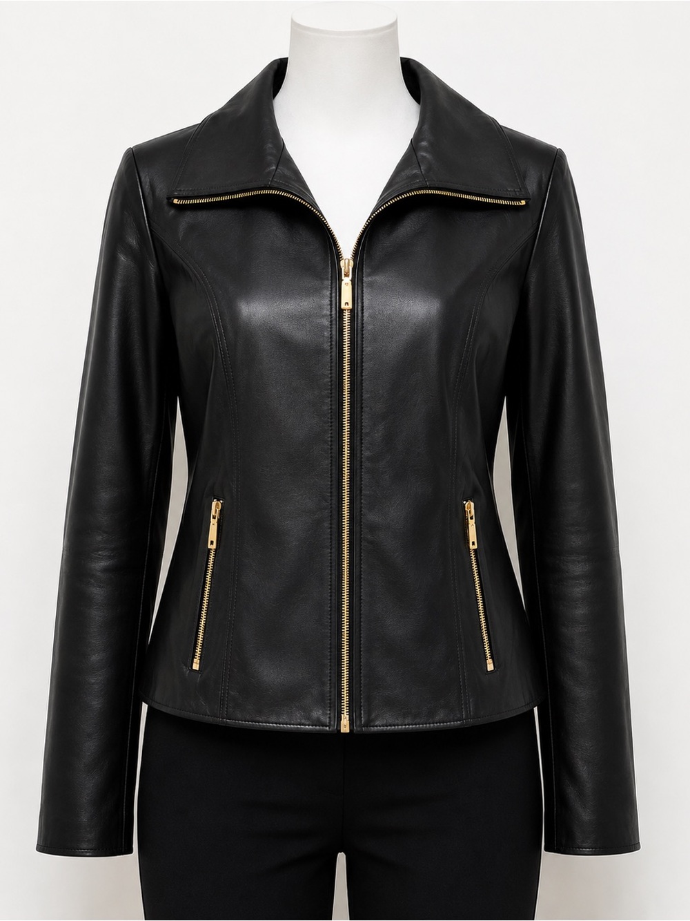 Curated St John Collection | Black Genuine Leather Jacket | Gold Hardware | NWOT